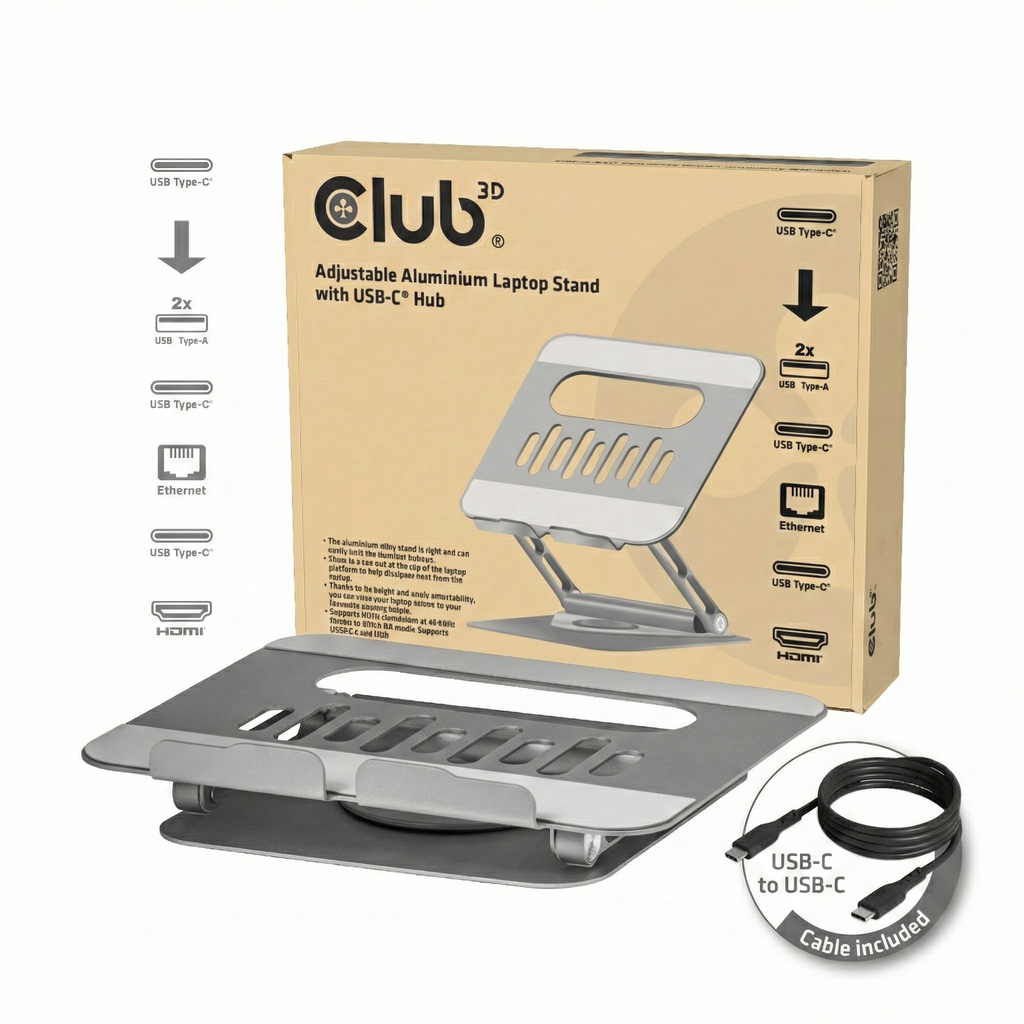 Club3D verstellbarer Aluminium-Laptop-Ständer - USB-C - 100W - 360 Grad