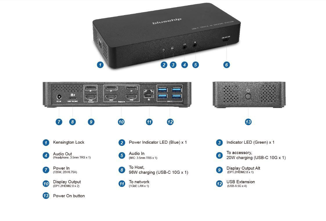 Dockingstation USB Typ C 3.2 Gen1 Universelle Triple 4K mit Ladefunktion